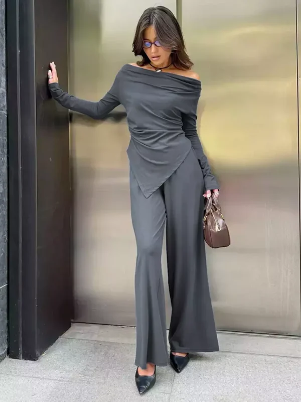 Casual Off-shoulder Ruched Top And Wide Leg Pants Two Piece Set - Image 2