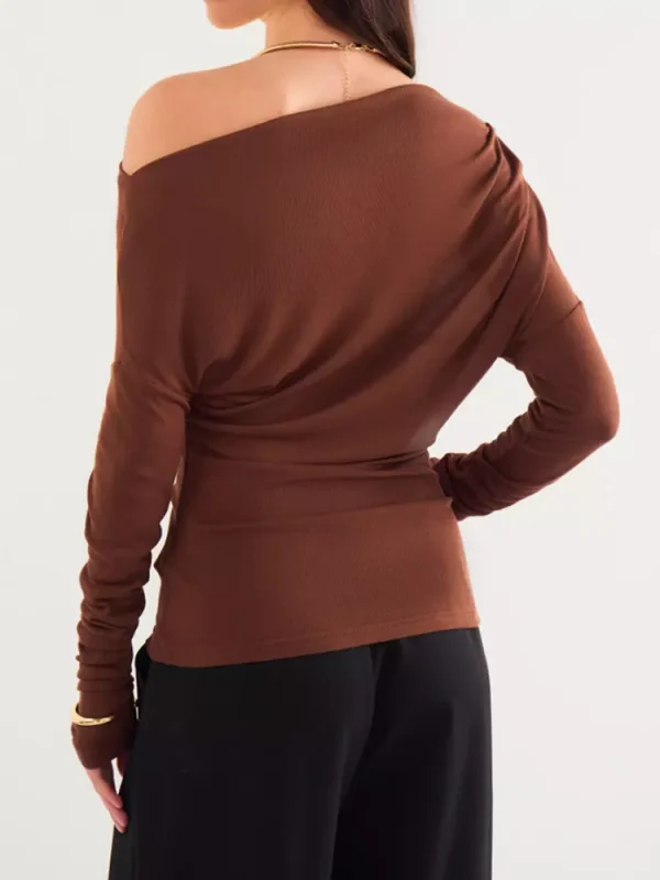 Casual One-Shoulder Ruched Street Wear Long Sleeve T-shirt - Image 4