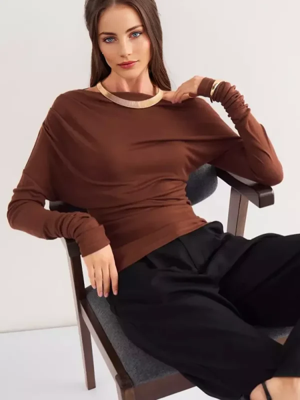 Casual One-Shoulder Ruched Street Wear Long Sleeve T-shirt - Image 2