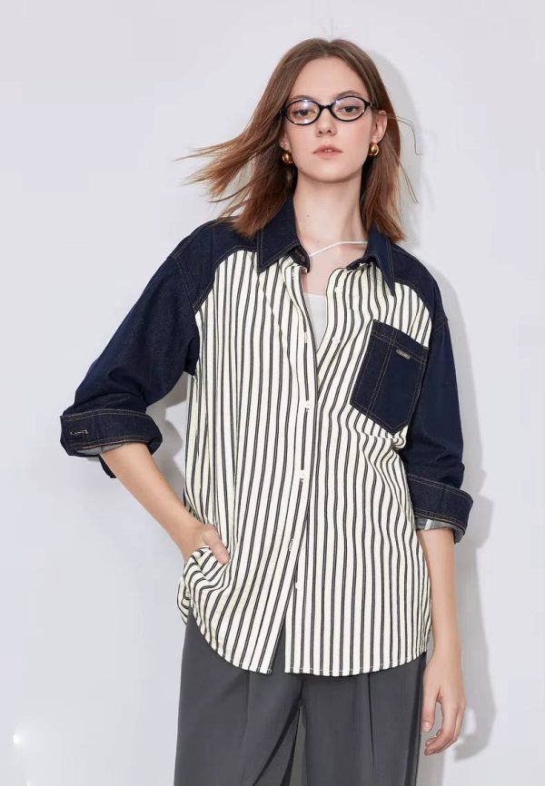 Casual Patchwork Striped Turn Down Collar With Pockets Shirt - Image 2