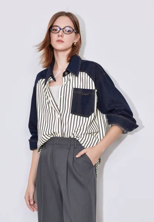 Casual Patchwork Striped Turn Down Collar With Pockets Shirt - Image 3