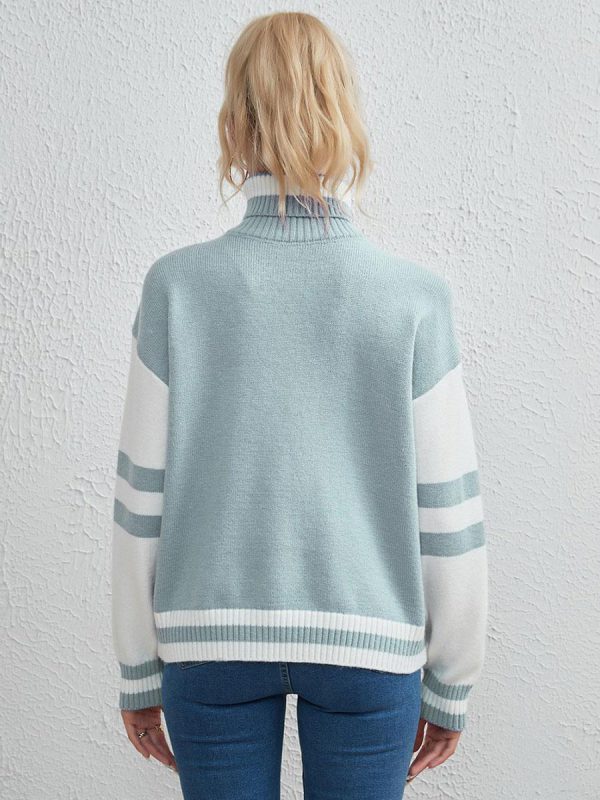 Casual Pullover Sweater Two-Tone Turtleneck Long Sleeves Sweaters - Image 5