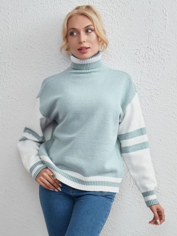 Casual Pullover Sweater Two-Tone Turtleneck Long Sleeves Sweaters - Image 4