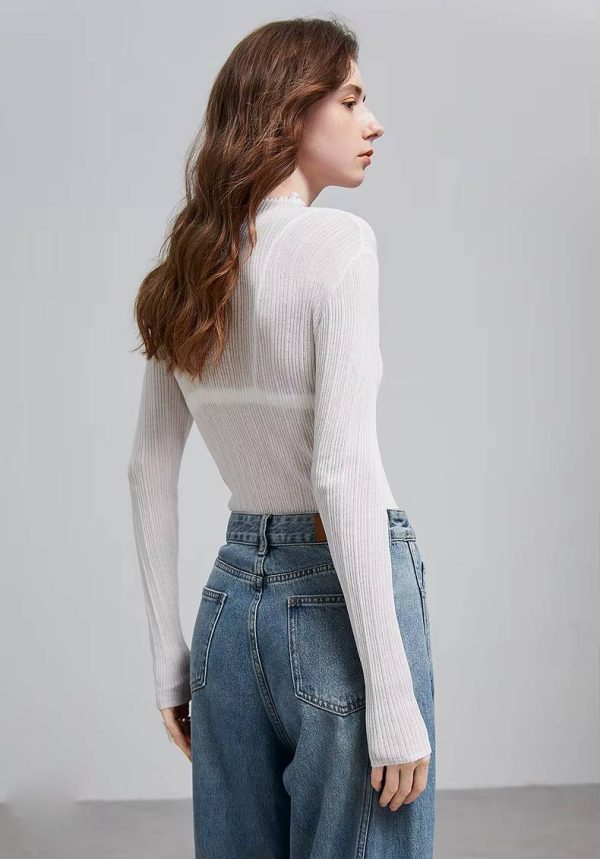 Casual Ruff Collar Turtleneck Linen Slim Fit Bottom Pullover Knitted Top - Image 11