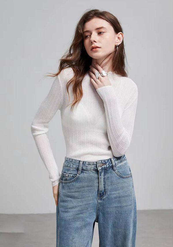 Casual Ruff Collar Turtleneck Linen Slim Fit Bottom Pullover Knitted Top - Image 8