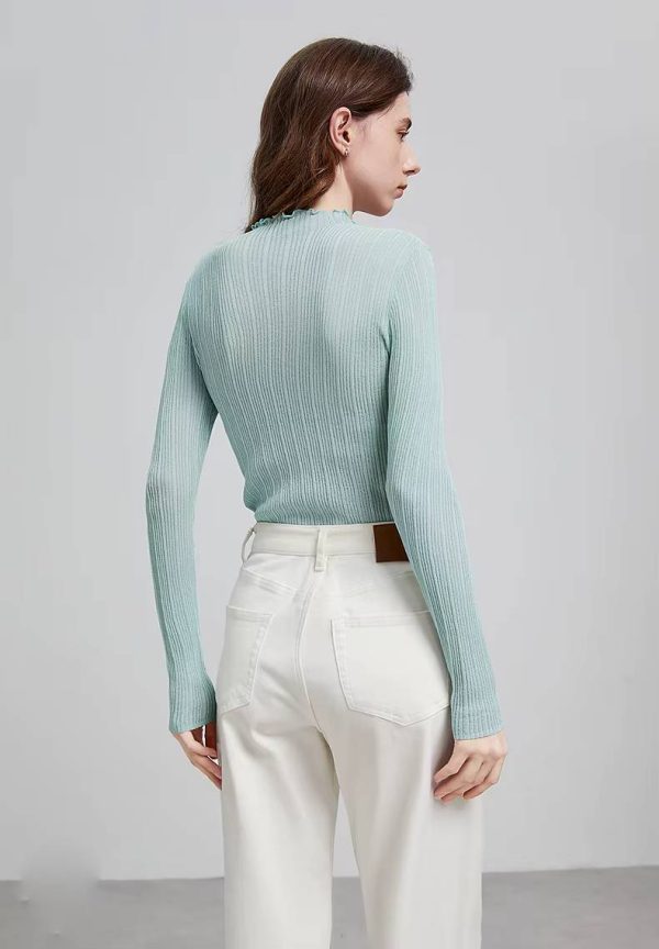 Casual Ruff Collar Turtleneck Linen Slim Fit Bottom Pullover Knitted Top - Image 7