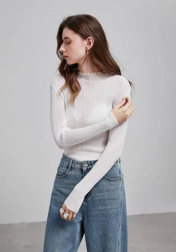 Casual Ruff Collar Turtleneck Linen Slim Fit Bottom Pullover Knitted Top - Image 10