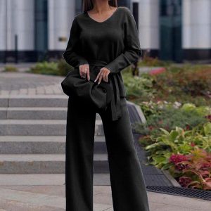 Casual Sash Solid Color V-neck Drawstring Pant Set