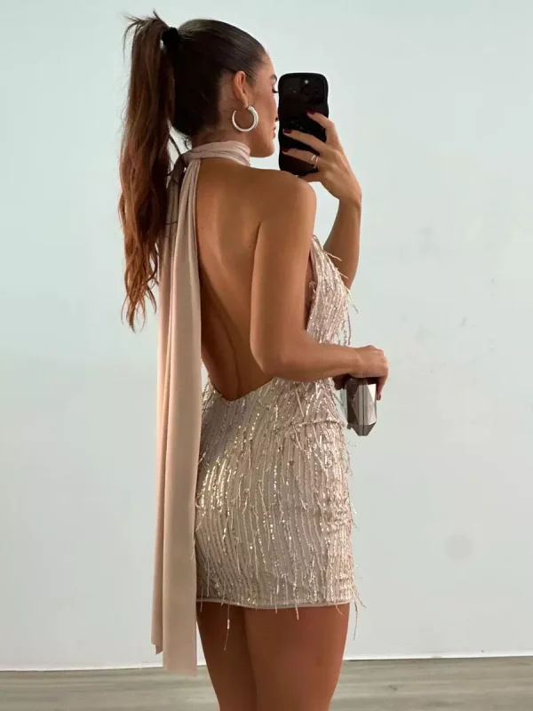 Casual Sequin Halter Solid Color Sparkly Sleeveless Mini Dress - Image 3