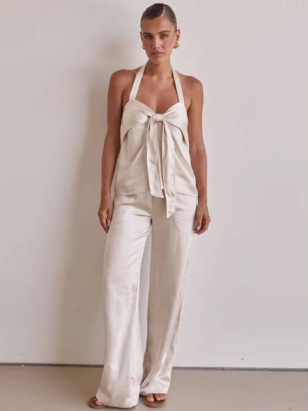 Casual Sleeveless Tank Top With High Waist Wide Pants Loose Satin 2 Piece Sets - Image 2