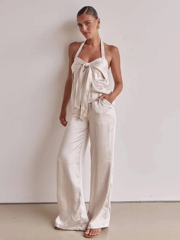 Casual Sleeveless Tank Top With High Waist Wide Pants Loose Satin 2 Piece Sets - Image 3