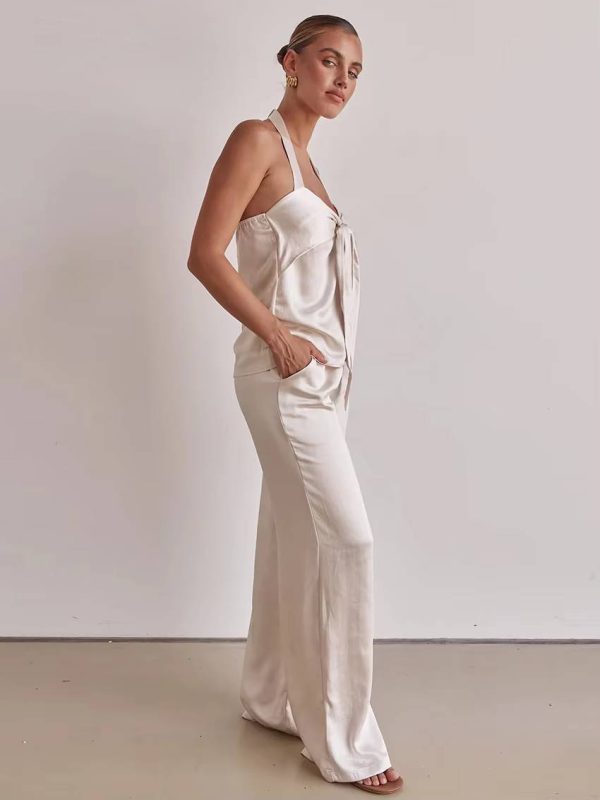 Casual Sleeveless Tank Top With High Waist Wide Pants Loose Satin 2 Piece Sets - Image 4