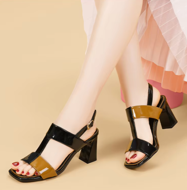 Casual Solid Buckle Strap Peep Open Toe Square High Heels - Image 3