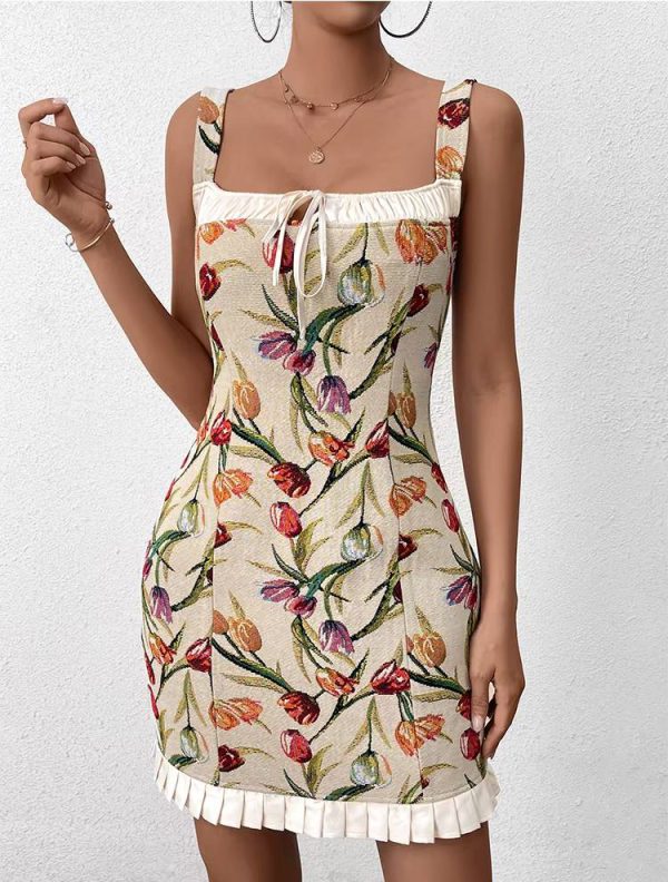 Casual Spaghetti Strap Double Layer Sleeveless Tie Up Jacquard Slip Mini Dress - Image 4