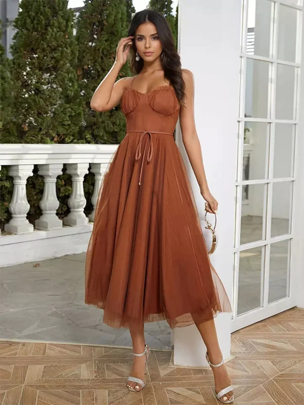 Casual Spaghetti Straps Shirred Lace-up Tulle Skirt Midi Dress - Image 10