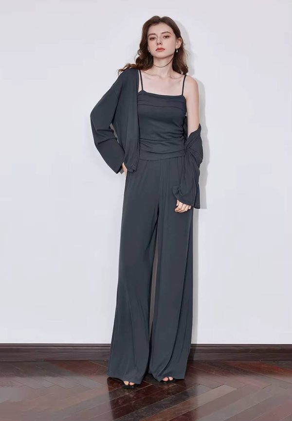 Casual Strap Bottom With Pockets Cardigan And Ankle-Length Wide Leg Pants