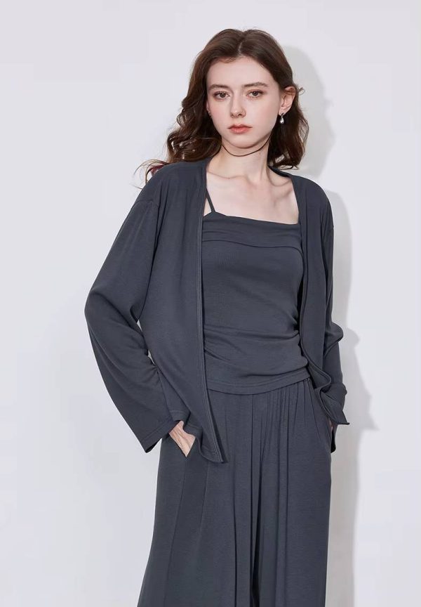 Casual Strap Bottom With Pockets Cardigan And Ankle-Length Wide Leg Pants - Image 2