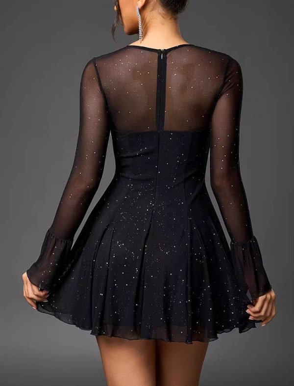 Casual Tie Up Double Layer Long Sleeve Cut Out Sequined Mesh Mini Dress - Image 6