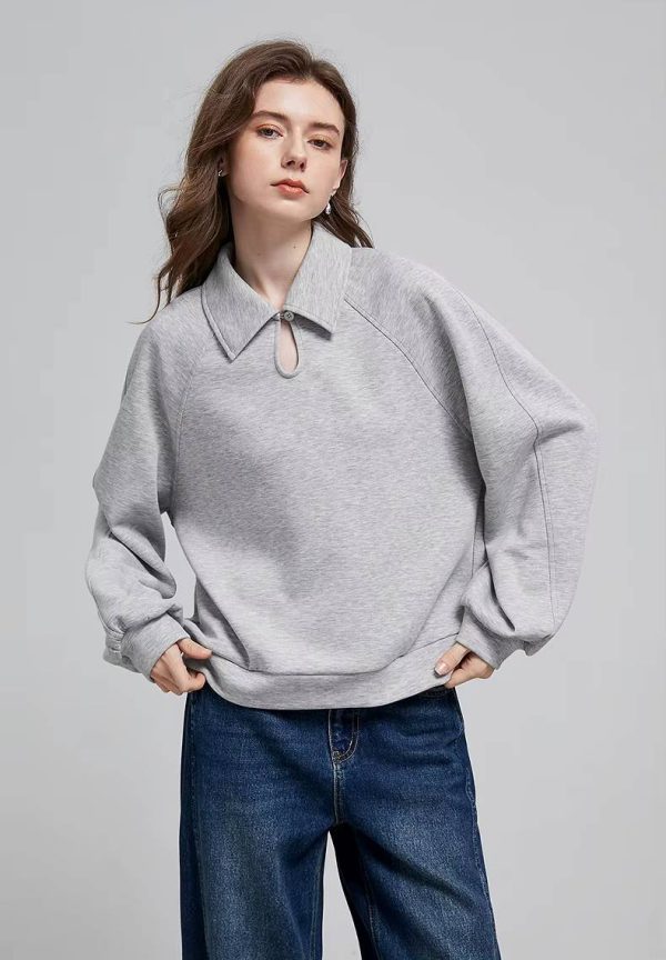 Casual Turn-down Collar Hollow Out Polo Collar Fit Pullover Loose Sweatshirt - Image 6