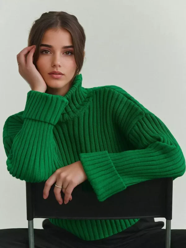 Casual Turtleneck Pullover Oversized Cuff Sweater - Image 3