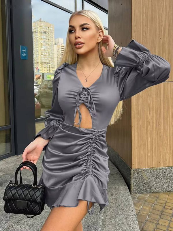 Casual V-Neck Long Sleeve Bodycon Hollow Out Slim Satin Mini Dress - Image 2