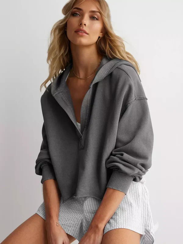 Casual V-neck Dropped Shoulders Long Sleeve Hoodie - Image 6