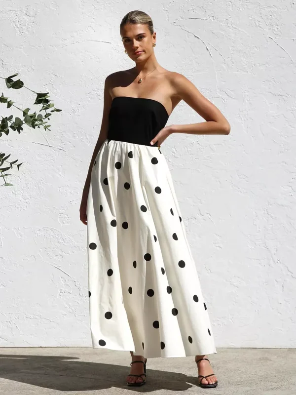 Casual Vacation Beach Strapless Polka Dot Long Dress - Image 3