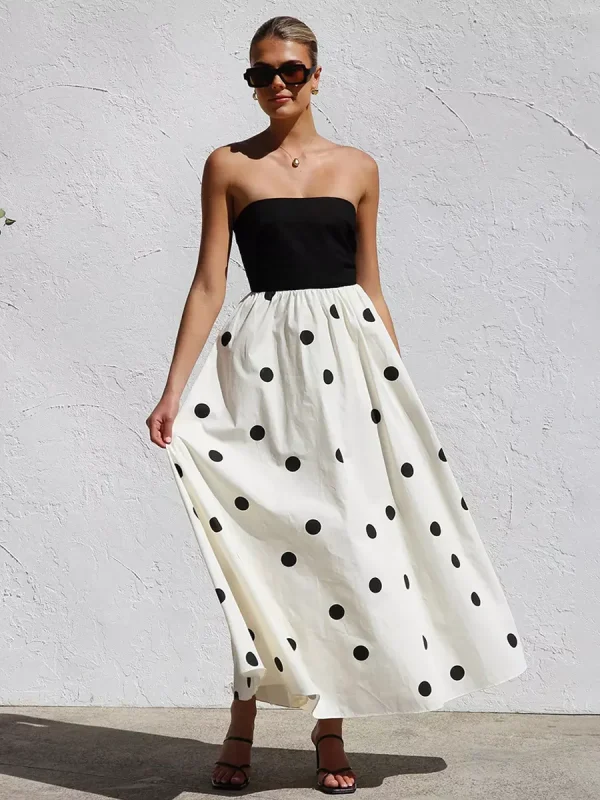 Casual Vacation Beach Strapless Polka Dot Long Dress - Image 4