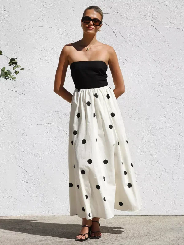 Casual Vacation Beach Strapless Polka Dot Long Dress - Image 5