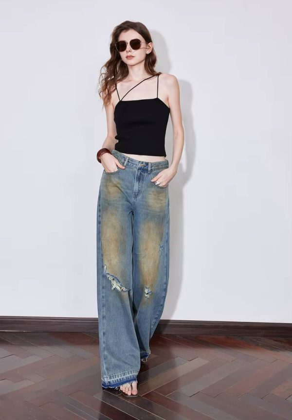 Casual Zipper Fly Mid Waist Straight Wide Leg Long Pants