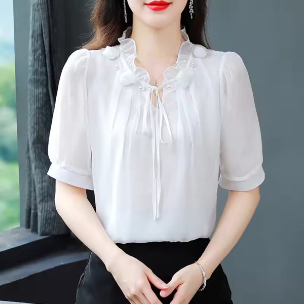 Chiffon Petal Collar Fashion Half Sleeve Bow tie Loose Casual Shirt