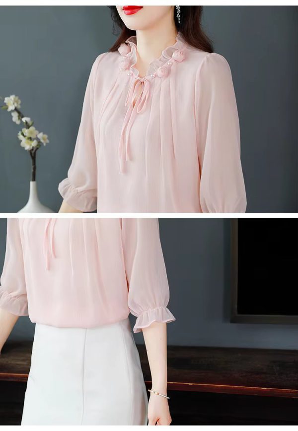 Chiffon Petal Collar Fashion Half Sleeve Bow tie Loose Casual Shirt - Image 2