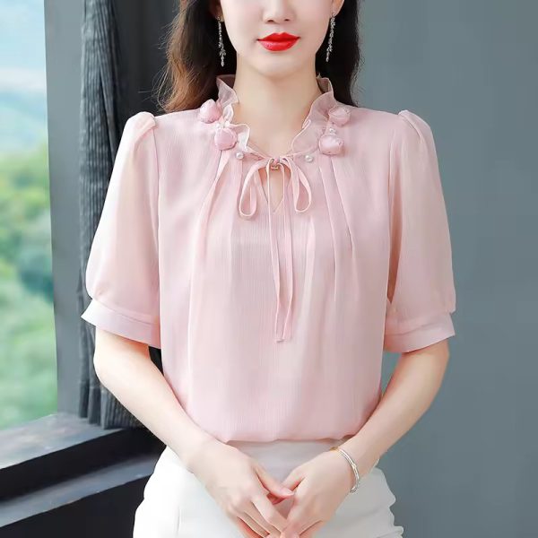 Chiffon Petal Collar Fashion Half Sleeve Bow tie Loose Casual Shirt - Image 3