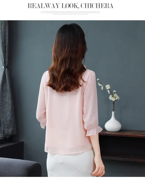 Chiffon Petal Collar Fashion Half Sleeve Bow tie Loose Casual Shirt - Image 4