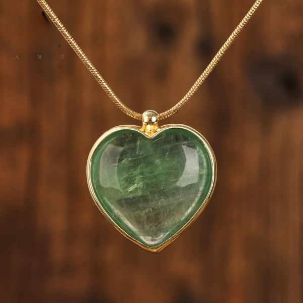 Classic Heart Natural Stone Fluorite Love Pendant Crystal Necklace - Image 2