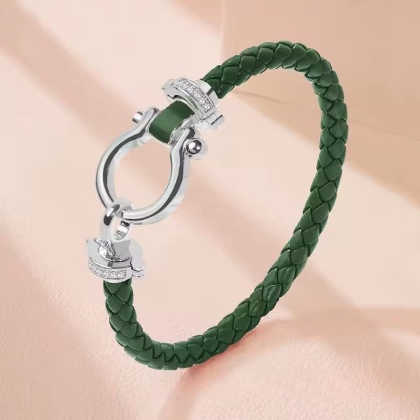 Classic U-Shape Copper Alloy Genuine Braided Leather Bracelet - Image 2