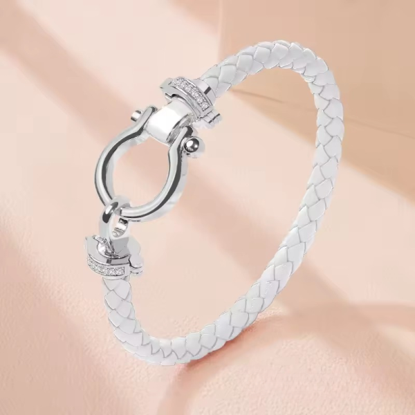 Classic U-Shape Copper Alloy Genuine Braided Leather Bracelet