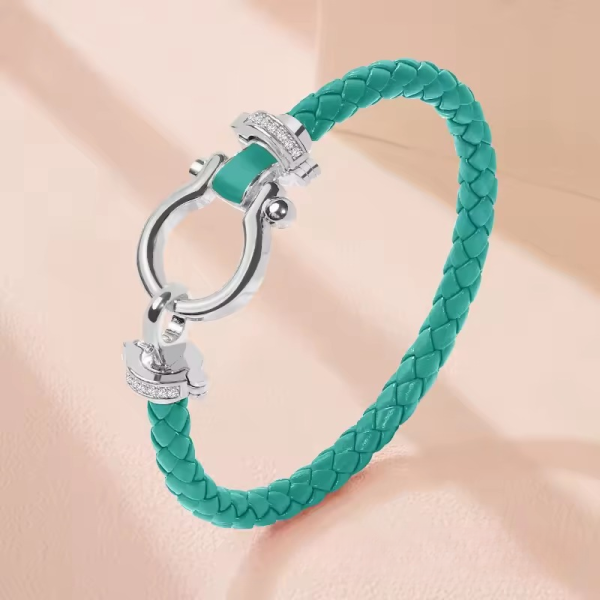 Classic U-Shape Copper Alloy Genuine Braided Leather Bracelet - Image 9