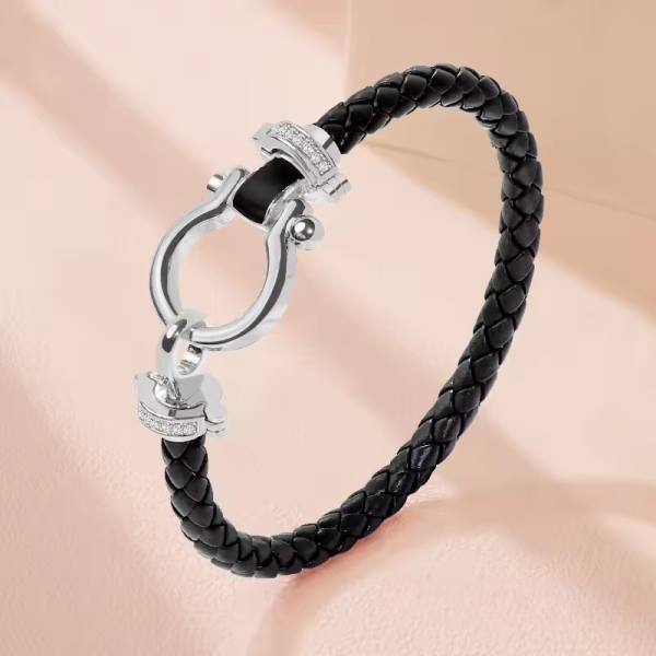 Classic U-Shape Copper Alloy Genuine Braided Leather Bracelet - Image 8