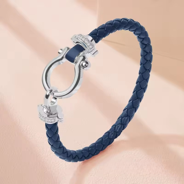 Classic U-Shape Copper Alloy Genuine Braided Leather Bracelet - Image 6