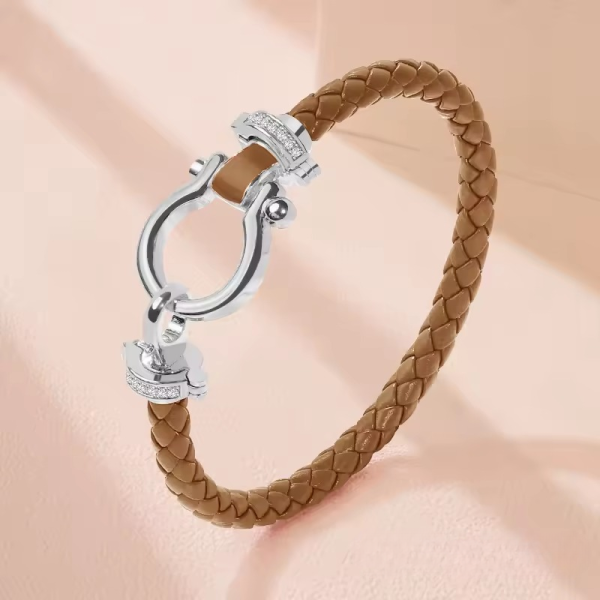 Classic U-Shape Copper Alloy Genuine Braided Leather Bracelet - Image 5