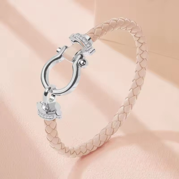 Classic U-Shape Copper Alloy Genuine Braided Leather Bracelet - Image 3