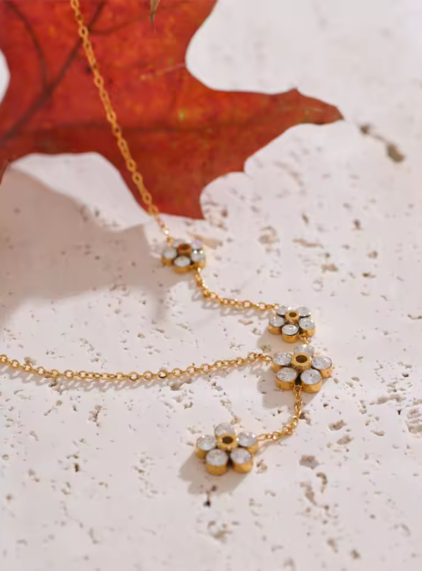 Delicate Shiny Cubic Zirconia Flower Chic Chain Drop Golden Necklace - Image 4