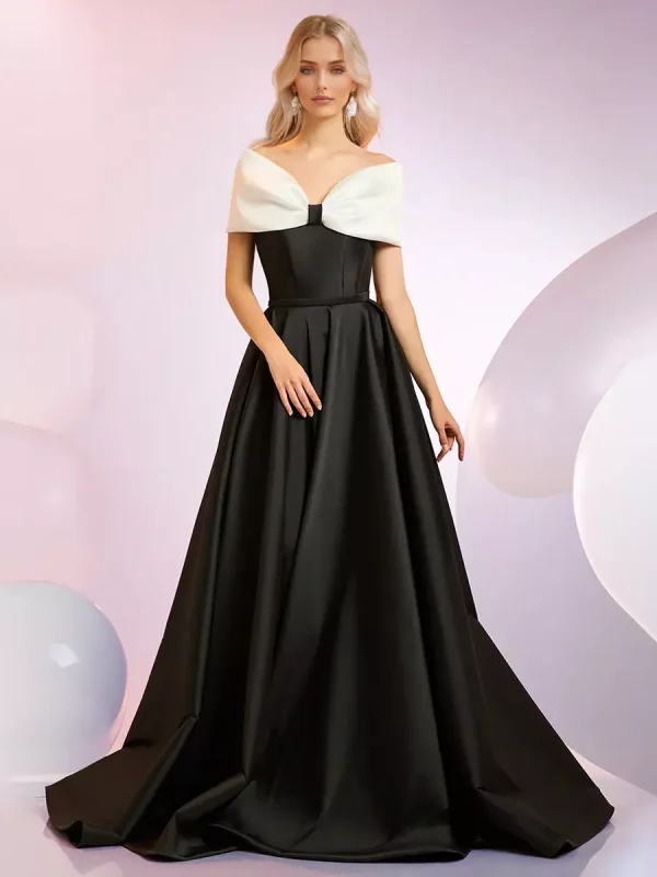 Elegant A-Line Neckline Sweep Short Sleeves Zipper Bows Satin Dresses