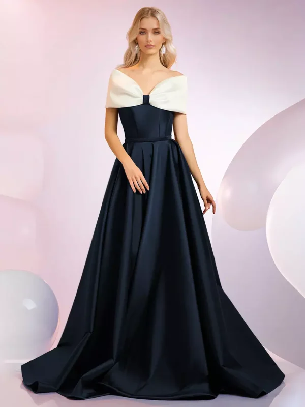 Elegant A-Line Neckline Sweep Short Sleeves Zipper Bows Satin Dresses - Image 4