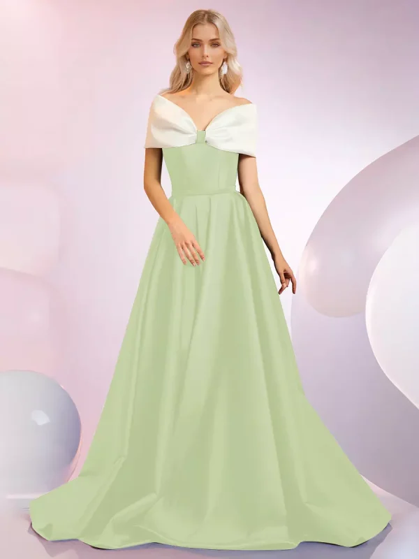 Elegant A-Line Neckline Sweep Short Sleeves Zipper Bows Satin Dresses - Image 5