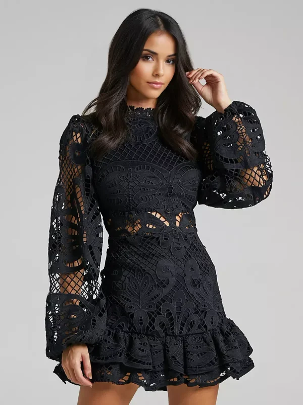 Elegant A-line Stand Collar Zipper Puff Sleeve Lace Mini Dress