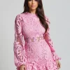 Elegant A-line Stand Collar Zipper Puff Sleeve Lace Mini Dress - Image 10