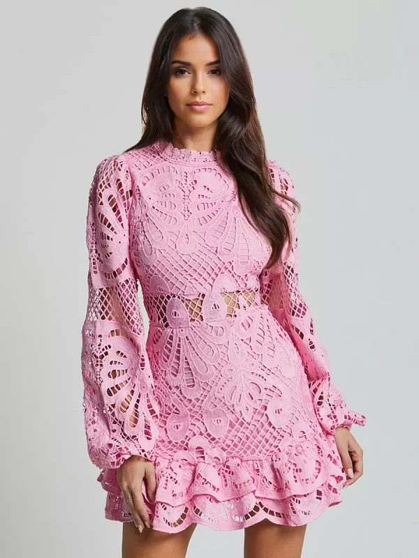 Elegant A-line Stand Collar Zipper Puff Sleeve Lace Mini Dress - Image 10