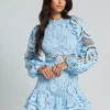 Elegant A-line Stand Collar Zipper Puff Sleeve Lace Mini Dress - Image 12